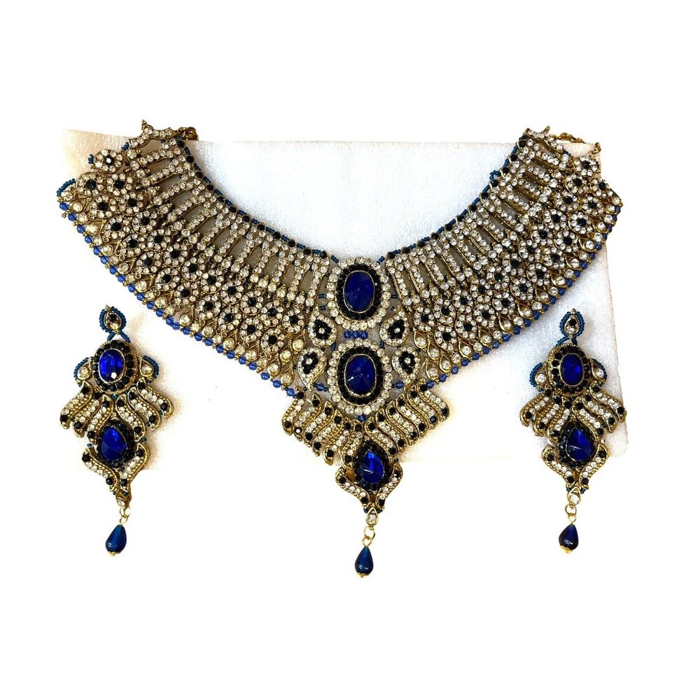 Gold & Blue Crystal Bib Necklace With Matching Chandelier Earrings Bridal - Picture 1 of 16